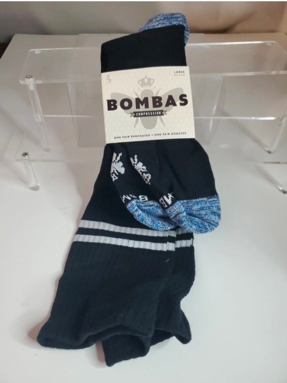 NEW 4 Pack Bombas Socks Calf Striped Black Men's Large